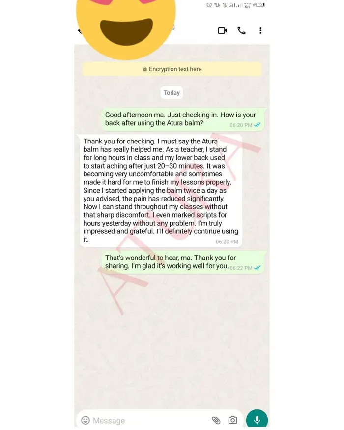 WhatsApp chat: a teacher says the balm reduced her lower back pain